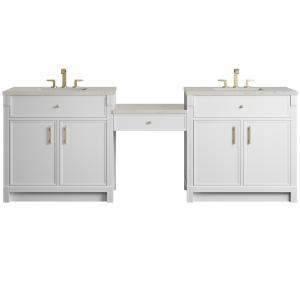 Bellshire 96" Dual Vanity Set with 24" Make-Up Counter, Bright White w/3 cm Siberian Silestone Top