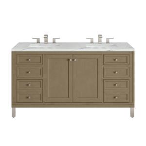Chicago 60" Double Vanity, Walnut Whisper, w/ 3 CM Ethereal Noctis Silestone® Top w/FreePower Wireless Charger