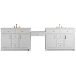 Bellshire 120" Dual Vanity Set with 24" Make-Up Counter, Bright White w/3 cm Ethereal Noctis Silestone Top w/FreePower Wireless Charger