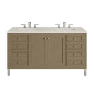 Chicago 60" Double Vanity, Walnut Whisper, w/ 3 CM Siberian Silestone Top w/FreePower Wireless Charger