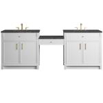 Bellshire 96" Dual Vanity Set with 24" Make-Up Counter, Bright White w/3 cm Parisien Bleu Silestone Top