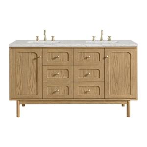 Laurent 60" Double Vanity, Light Natural Oak, w/ 3 CM Eternal Jasmine Pearl Quartz Top w/FreePower Wireless Charger