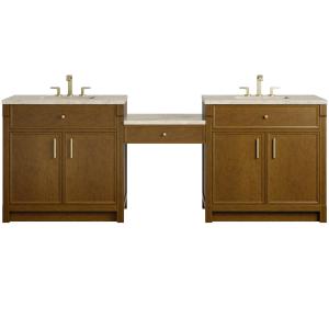 Bellshire 96" Dual Vanity Set with 24" Make-Up Counter, Honey Oak w/3 cm Tajnar Eclos Top