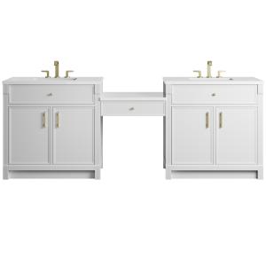 Bellshire 96" Dual Vanity Set with 24" Make-Up Counter, Bright White w/3 cm White Zeus Silestone Top