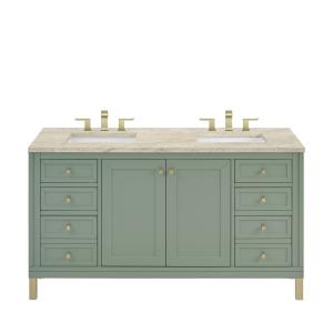Chicago 60" Double Vanity, Smokey Celadon, w/ 3 CM Tajnar Eclos Top w/FreePower Wireless Charger