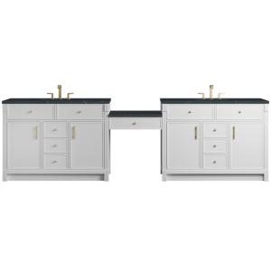 Bellshire 120" Dual Vanity Set with 24" Make-Up Counter, Bright White w/3 cm Charcoal Soapstone Silestone Top