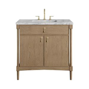 Kinnsden 36" Single Vanity, Weathered Oak w/ 3 CM Carrara Marble Top