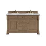 Brookfield 60" Double Vanity, Pecan w/ 3 CM Victorian Silver Silestone Top w/FreePower Wireless Charger