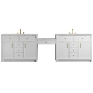 Bellshire 120" Dual Vanity Set with 24" Make-Up Counter, Bright White w/3 cm Eternal Jasmine Pearl Silestone Top