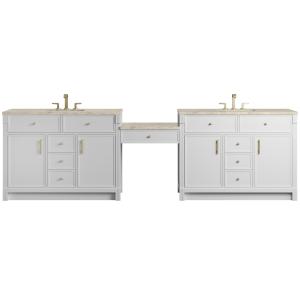 Bellshire 120" Dual Vanity Set with 24" Make-Up Counter, Bright White w/3 cm Tajnar Eclos Top w/FreePower Wireless Charger
