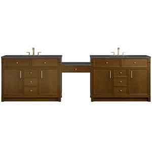 Bellshire 120" Dual Vanity Set with 24" Make-Up Counter, Honey Oak w/3 cm Parisien Bleu Silestone Top