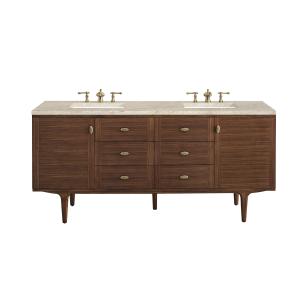 Amberly 72" Double Vanity, Mid-Century Walnut, w/ 3 CM Tajnar Eclos Top w/FreePower Wireless Charger
