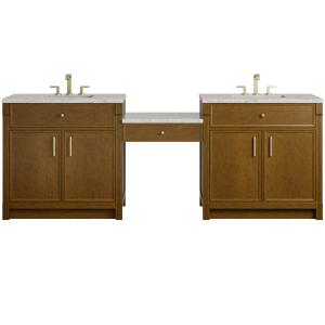 Bellshire 96" Dual Vanity Set with 24" Make-Up Counter, Honey Oak w/3 cm Eternal Jasmine Pearl Silestone Top