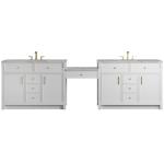 Bellshire 120" Dual Vanity Set with 24" Make-Up Counter, Bright White w/3 cm Victorian Silver Silestone Top w/FreePower Wireless Charger