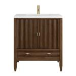 Myrrin 30" Single Vanity, Mid-Century Walnut w/ Single Hole 3 CM White Zeus Silestone Top and Matching Backsplash