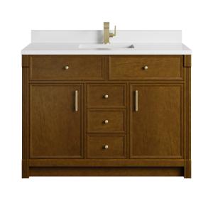 Bellshire 48" Single Vanity, Honey Oak w/ Single Hole 3 CM White Zeus Silestone Top and Matching Backsplash