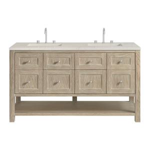 Breckenridge 60" Double Vanity, Whitewashed Oak, w/ 3 CM Tajnar Eclos Top w/FreePower Wireless Charger