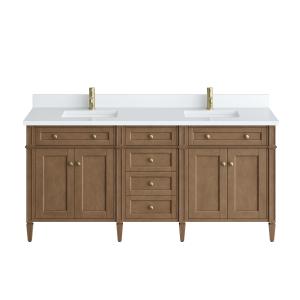 Brittany 72" Double Vanity, Pecan w/ Single Hole 3 CM White Zeus Silestone Top and Matching Backsplash