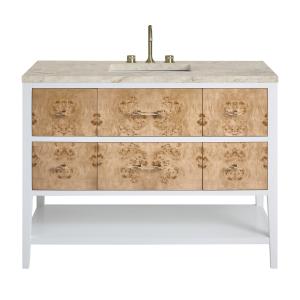 Olena 48" Single Vanity, Light Mappa Burl and Polished White, w/ 3 CM Tajnar Eclos Top w/FreePower Wireless Charger