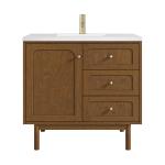 Laurent 36" Single Vanity, Honey Oak w/ Single Hole 3 CM White Zeus Silestone Top and Matching Backsplash