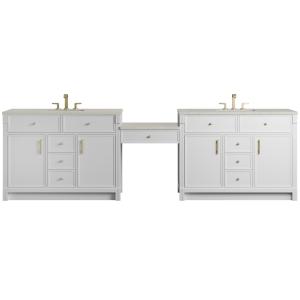Bellshire 120" Dual Vanity Set with 24" Make-Up Counter, Bright White w/3 cm Siberian Silestone Top