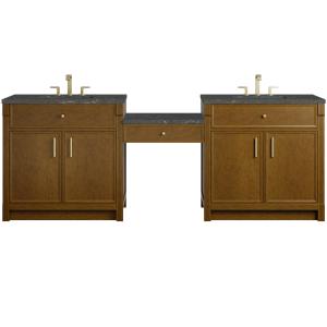 Bellshire 96" Dual Vanity Set with 24" Make-Up Counter, Honey Oak w/3 cm Parisien Bleu Silestone Top