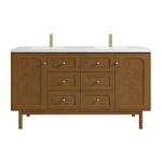 Laurent 60" Double Vanity, Honey Oak w/ Single Hole 3 CM White Zeus Silestone Top and Matching Backsplash