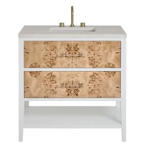 Olena 36" Single Vanity, Light Mappa Burl and Polished White, w/ 3 CM Siberian Silestone Top