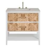 Olena 36" Single Vanity, Light Mappa Burl and Polished White, w/ 3 CM Siberian Silestone Top