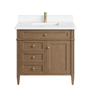 Brittany 36" Single Vanity, Pecan w/ Single Hole 3 CM White Zeus Silestone Top and Matching Backsplash