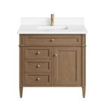 Brittany 36" Single Vanity, Pecan w/ Single Hole 3 CM White Zeus Silestone Top and Matching Backsplash