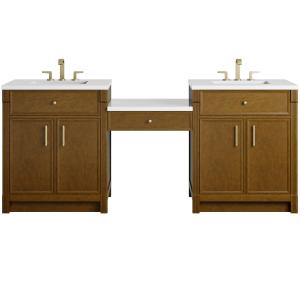 Bellshire 84" Dual Vanity Set with 24" Make-Up Counter, Honey Oak w/3 cm White Zeus Silestone Top